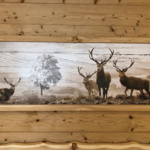 Hirschbild mit Holzhintergrund im Wohnwerkhaus Sulzemoos