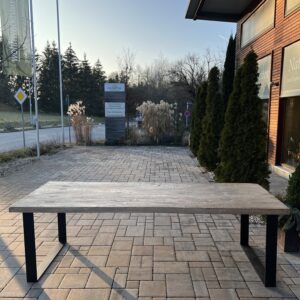 Antiker Tisch aus Ulmenholz mit Kufengestell aus Eisen 250x100